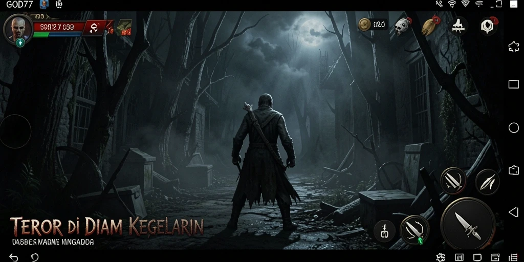 Tampilan gameplay menyeramkan dari GOD77 yang membuat pemain merasakan ketegangan.