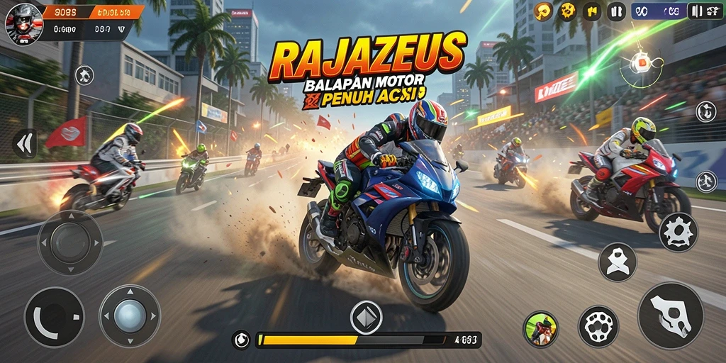 Tampilan gameplay seru dari balapan motor RAJAZEUS.