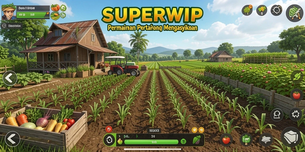 Screenshot dari gameplay <strong>SUPERVIP</strong> yang menunjukkan aktivitas bertani yang menarik.